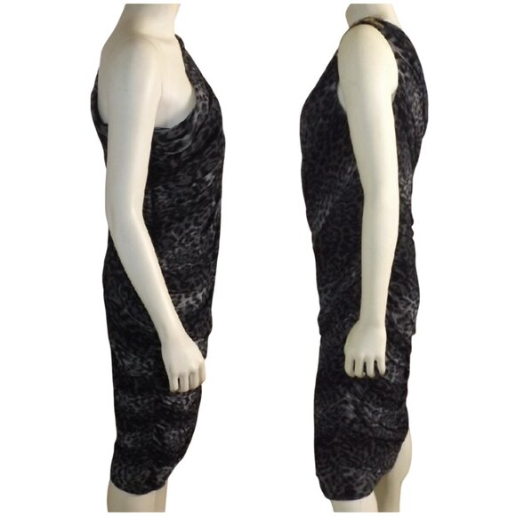 TADASHI SHOJI Evening Dress, XL, Grey Animal Print, Jeweled One Shoulder, Ruched - Picture 10 of 15